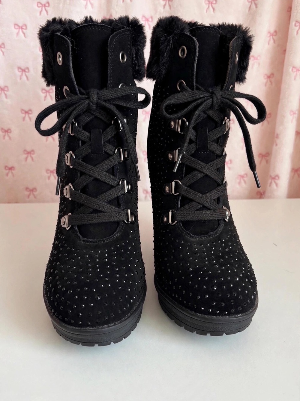 Women's Black Faux Fur Lace-Up Ankle Boots with Stud Embellishment